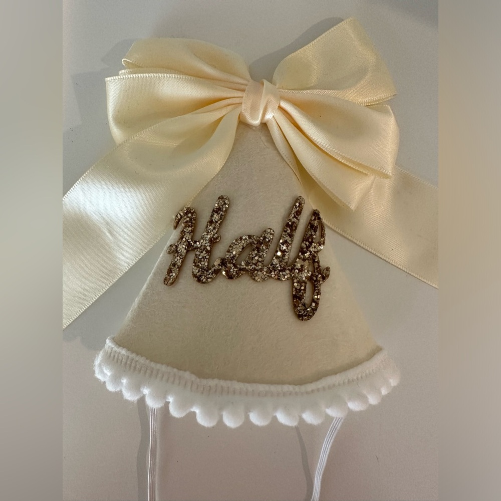 Baby Girl 6 Months Milestone Half Birthday Hat - Gold Glitter & Ivory Ribbon Bow